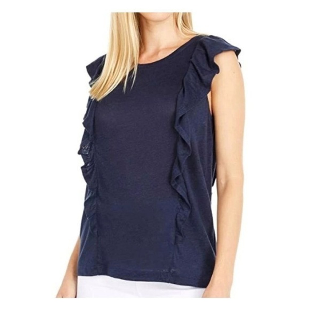 NWT J Crew Knit Goods Ruffle Flutter Linen T-shirt‎ Tee Top S 2 4 Navy Blue